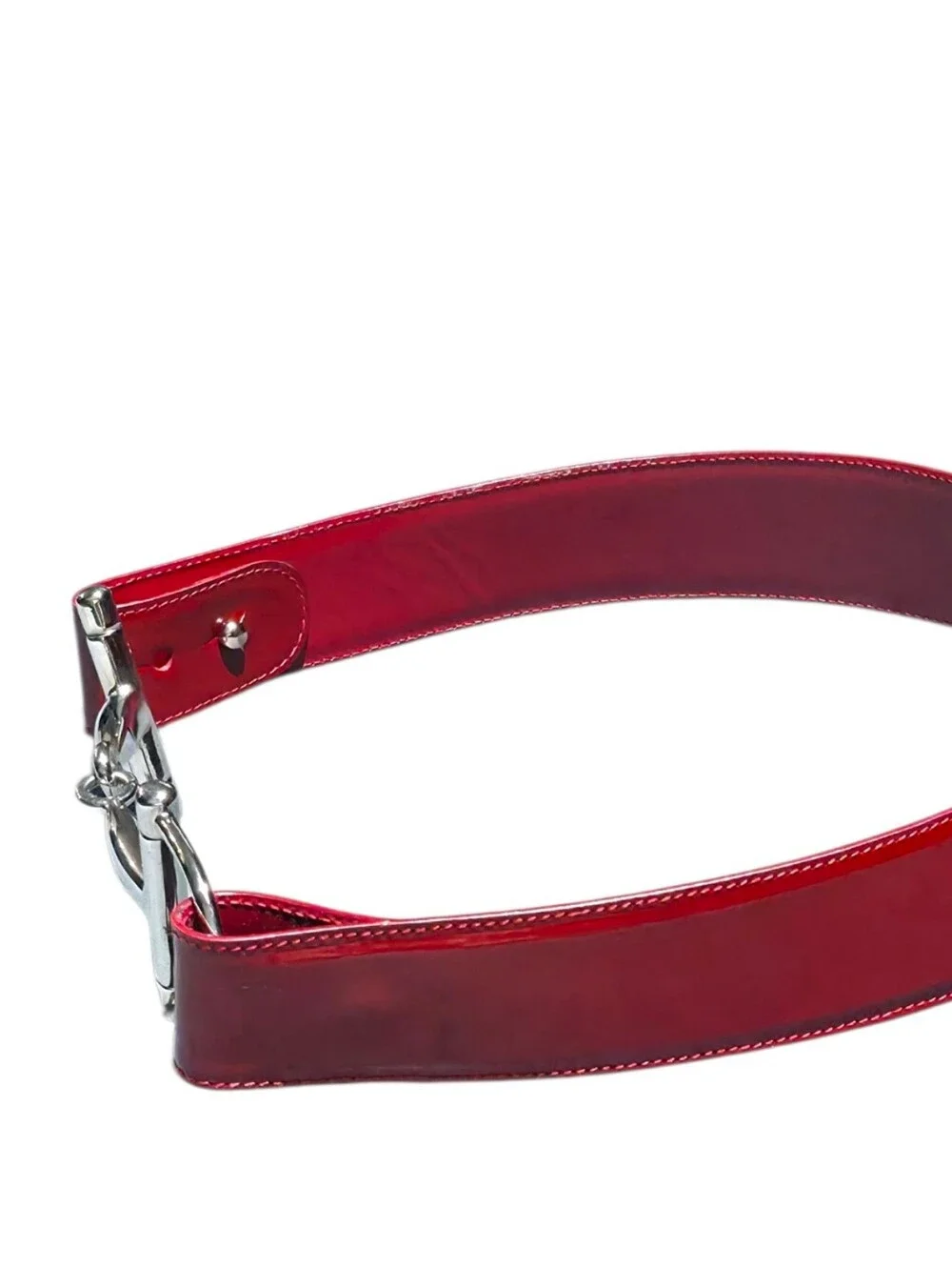Gucci Red Patent Leather Horsebit Waist Belt with Silver Hardware